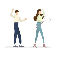 The guy and the girl go to the rally. The girl is holding a banner. Young positive people show victory hand and like. The concept of the rally. Vector illustration isolated on white background.