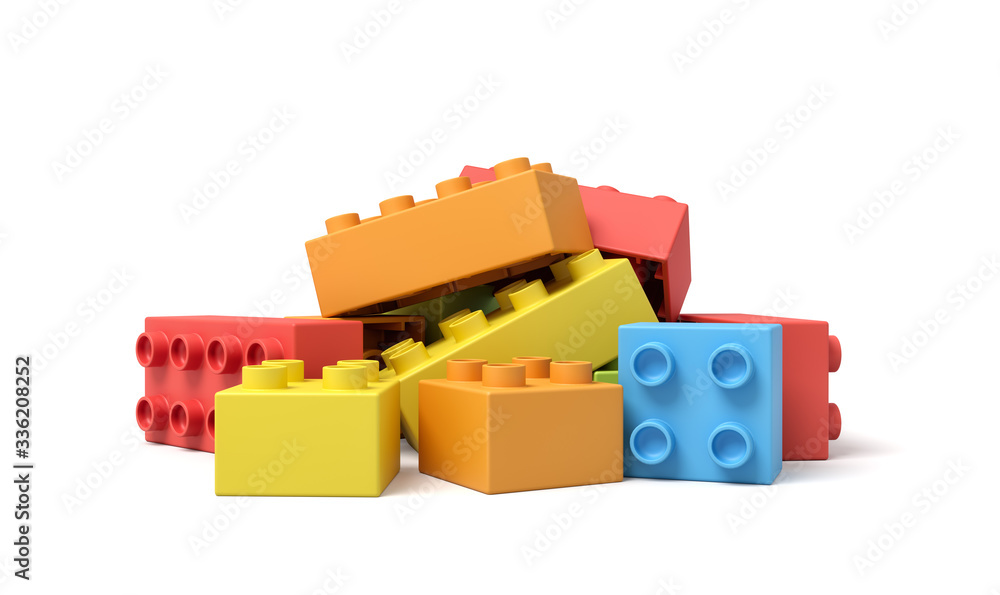 Poster 3d close-up rendering of pile of colorful toy blocks on white background.