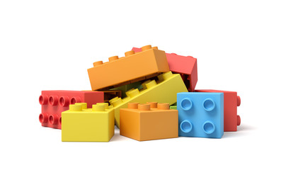 3d close-up rendering of pile of colorful toy blocks on white background.