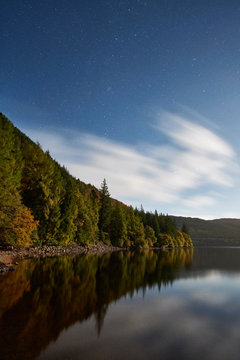 Star filled night sky over Lake Vyrnwy (Llyn Efyrnwy). Wales, UK.