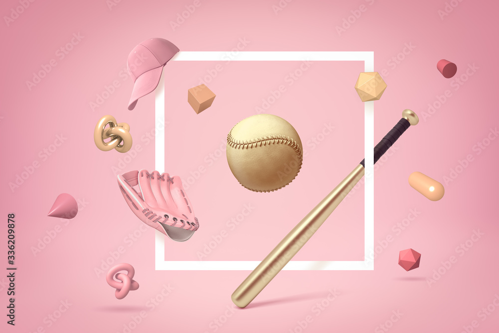 Poster 3d rendering of golden baseball and bat in flat white frame on pastel pink background with lots of d