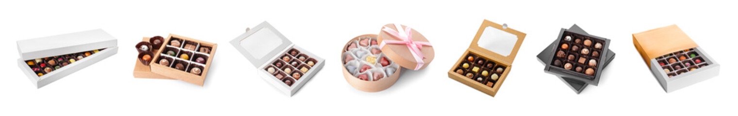 Set of boxes with chocolate candies on white background