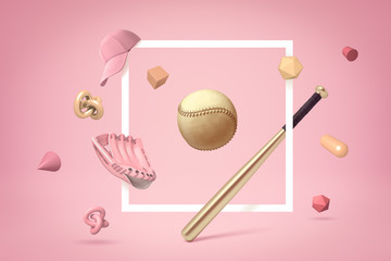 3d rendering of golden baseball and bat in flat white frame on pastel pink background with lots of different objects floating around.