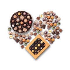 Box with delicious candies on white background