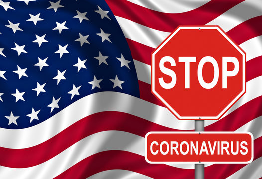 Coronavirus STOP red sign against USA flag fluttering. America is struggles with COVID-19 virus danger. 2019-nCoV World pandemic
