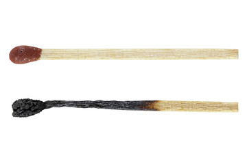 Intact and burned safety match. Objects isolated on a white