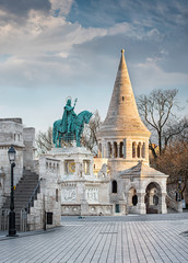 BUDAPEST, HUNGARY - 28 MARCH, 2020: Statue of Saint Stephen I in Front of Fisherman's Bastion,...