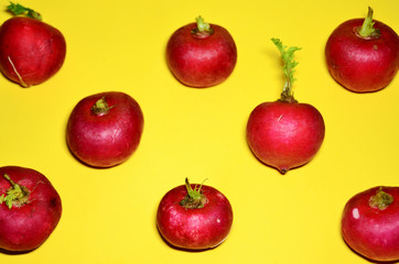Pattern of radish on a yellow background close-up