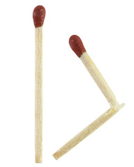 Intact and broken safety match. Objects isolated on a white