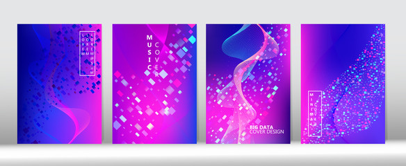 3D Flow Shapes Modern Cover Design. Big Data Tech Neon Magazine. Geometric Gradient 