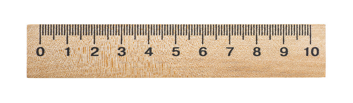 Horizontal image of wooden ruler isolated on a white background, top view.