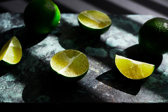 Close up of lime slices on table