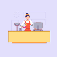 Cashier in red uniform stands behind checkout counter of grocery mall in supermarket and holds receptionist. Vector flat modern illustration. Vacancy seller, Cashbox and cash register in store.