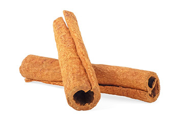 Two aromatic cinnamon sticks on a white background, close up.