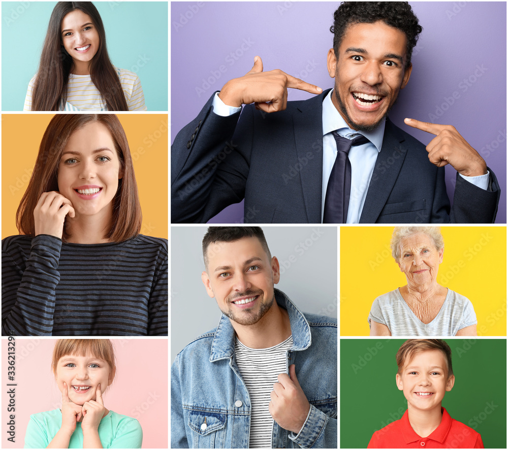 Wall mural collage of photos with different smiling people