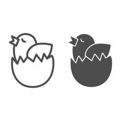 Chick in egg line and solid icon. Chicken hatched from an egg outline style pictogram on white background. Easter chick wants to fly out of eggshell for mobile concept and web design. Vector graphics. © sabuhinovruzov