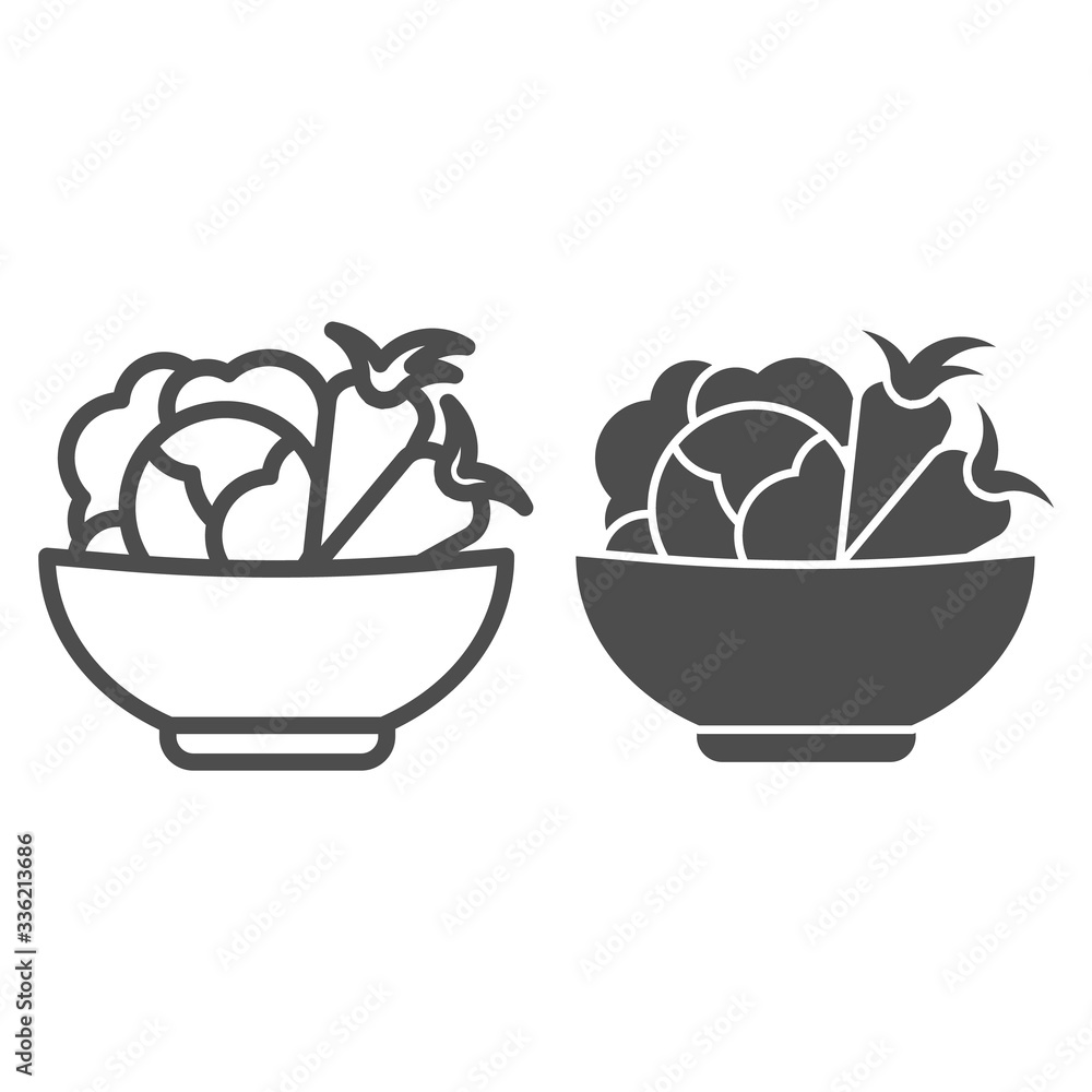 Poster Cabbage and carrots in a plate line and solid icon. Healthy vegetables in bowl outline style pictogram on white background. Fresh greens for mobile concept and web design. Vector graphics.