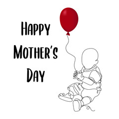 Happy mother`s day vector type with one line child with 3d red air balloon on white background. Happy Mom Day calligraphy for sale banner, greeting card, flyer design. Best friendship mommy gift