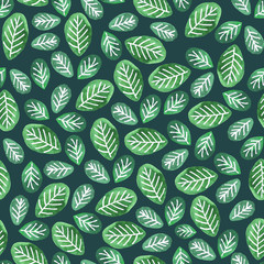 Abstract floral seamless pattern with hand drawn green leaves on a dark background. Cute artistic texture, background for fabric print, wallpaper, wedding invitations, cards, gift wrap.