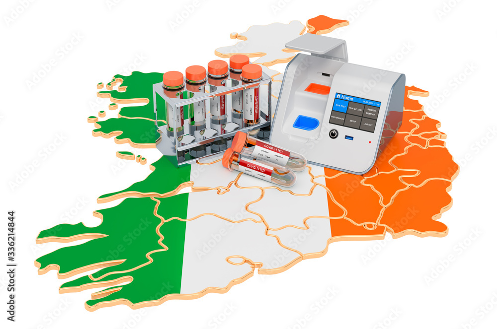 Poster covid-19 testing in ireland concept. lab-in-a-box test with nasal swab test tubes on the irish map. 