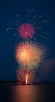 Beautiful Huge Fireworks on the Bay in Japanese Summer Season