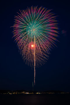 Beautiful Huge Fireworks on the Bay in Japanese Summer Season