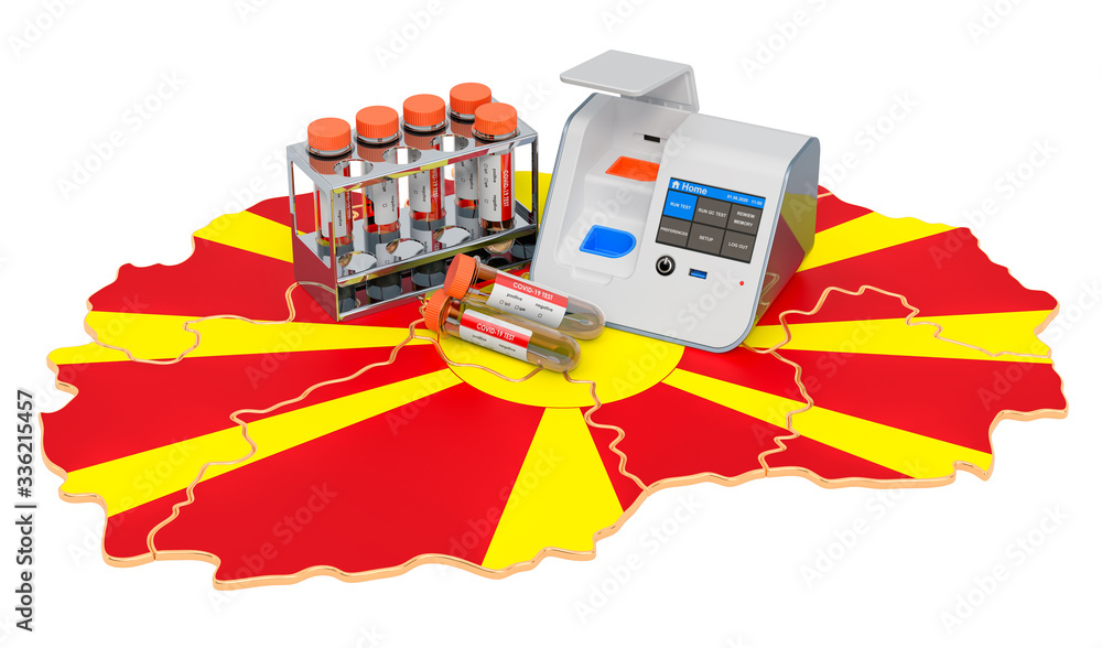 Poster covid-19 testing in macedonia concept. lab-in-a-box test with nasal swab test tubes on the macedonia