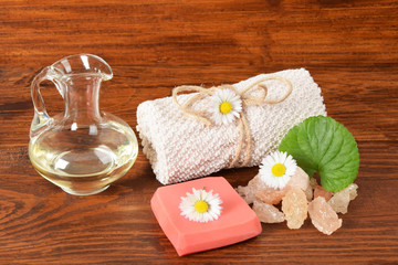 argan oil for the body, bath salt, soap and towel