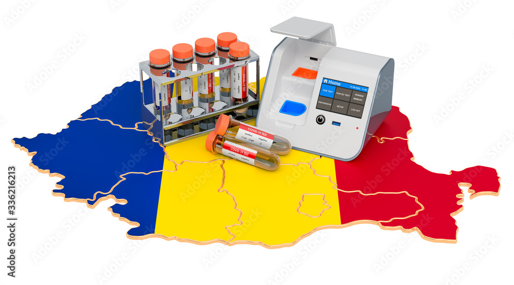 Poster covid-19 testing in romania concept. lab-in-a-box test with nasal swab test tubes on the romanian ma