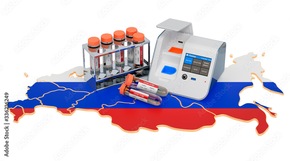 Poster covid-19 testing in russia concept. lab-in-a-box test with nasal swab test tubes on the russian map.