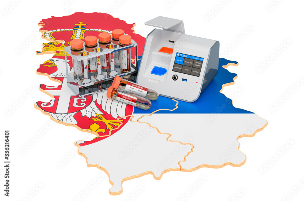 Poster covid-19 testing in serbia concept. lab-in-a-box test with nasal swab test tubes on the serbian map.