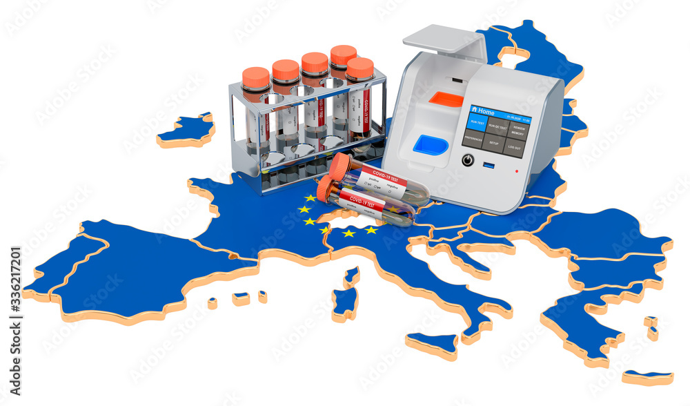 Poster covid-19 testing in the european union concept. lab-in-a-box test with nasal swab test tubes on the 
