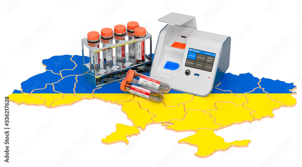Poster covid-19 testing in ukraine concept. lab-in-a-box test with nasal swab test tubes on the ukrainian m