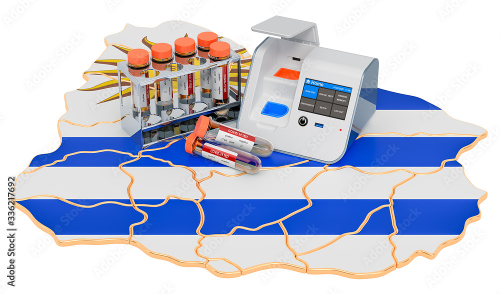 Poster covid-19 testing in uruguay concept. lab-in-a-box test with nasal swab test tubes on the uruguayan m