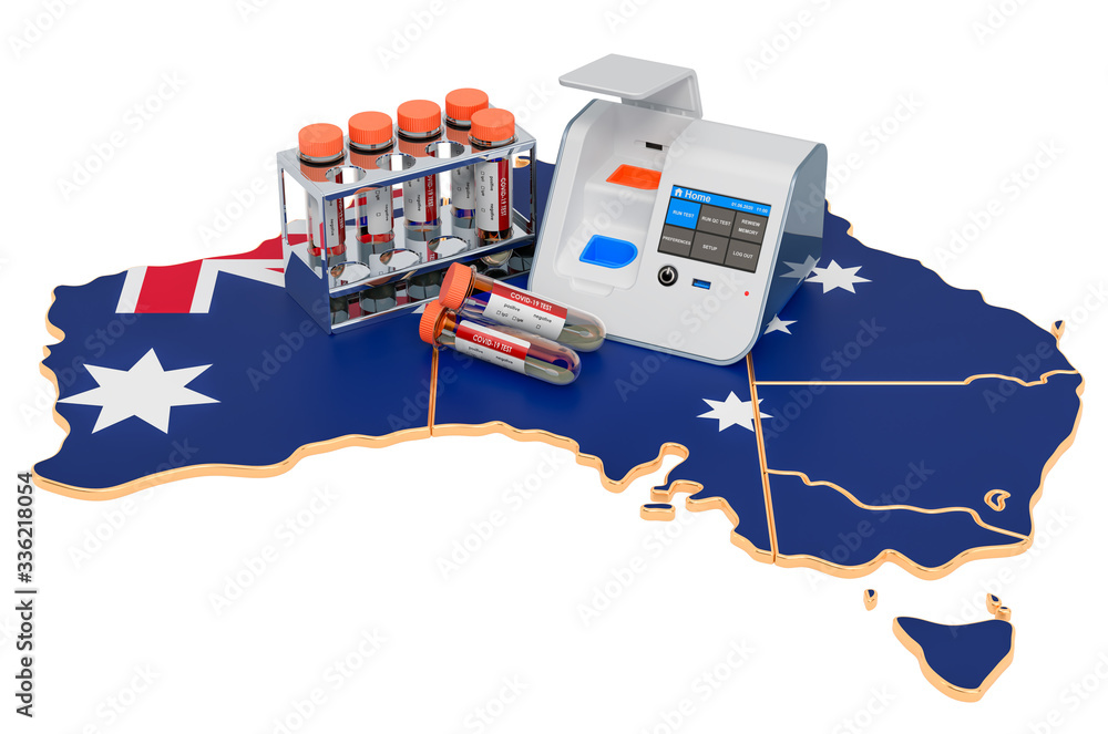 Poster covid-19 testing in australia concept. lab-in-a-box test with nasal swab test tubes on the australia