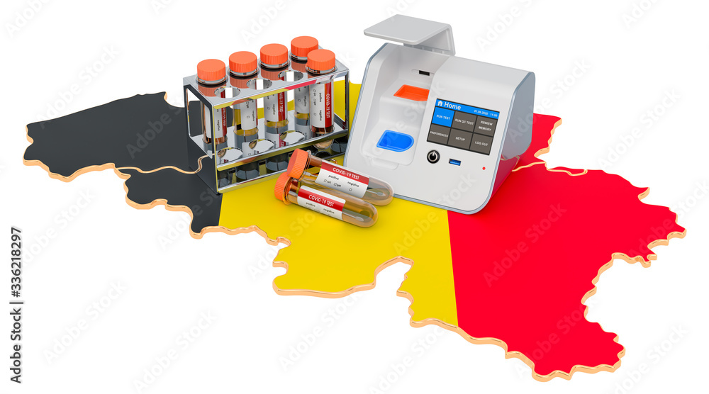 Poster covid-19 testing in belgium concept. lab-in-a-box test with nasal swab test tubes on the belgian map