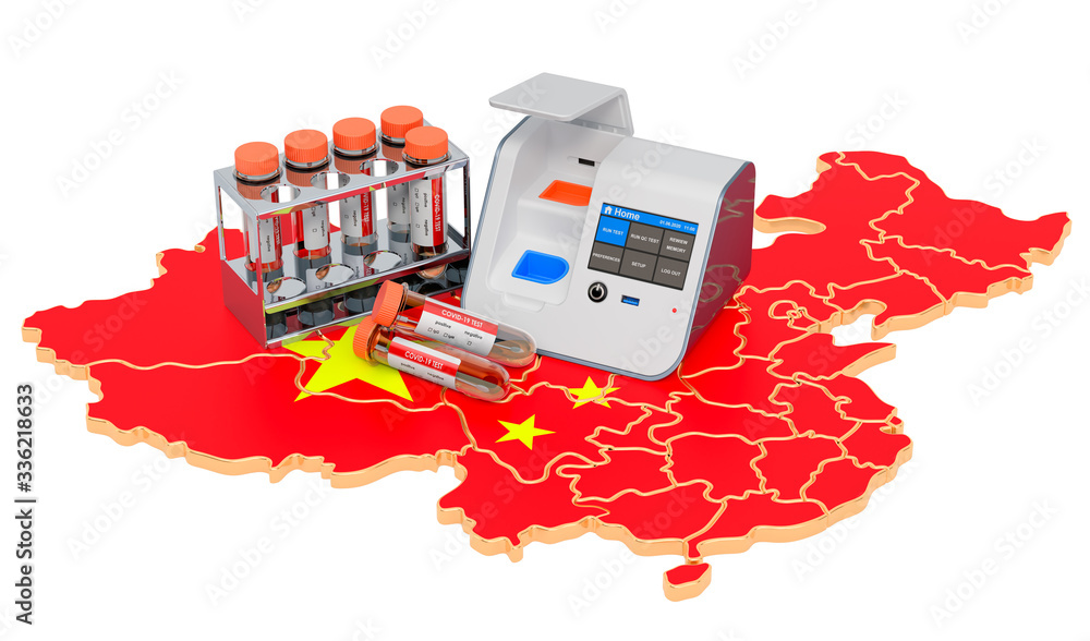 Poster covid-19 testing in china concept. lab-in-a-box test with nasal swab test tubes on the chinese map. 