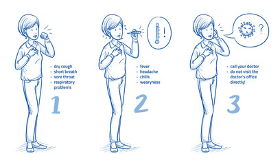 Woman having corona symptoms, calling doctor. Instruction in case of having corona virus infection symptoms. Hand drawn blue outline line art cartoon vector illustration.