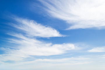 Light white fluffy stratus clouds high in the blue sky on a sunny spring day. Weather and different cloud types. Scenic cloudscape. - obrazy, fototapety, plakaty