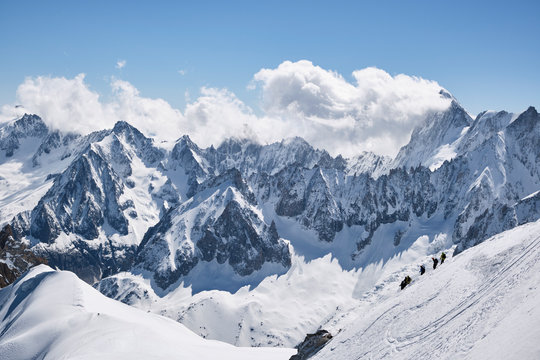 Mountaineers descending from Aiguille du Midi. Chamonix, France.