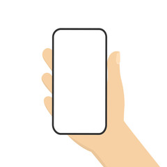 Hand holding smartphone with white screen. Phone flat vector Illustration isolated on light background