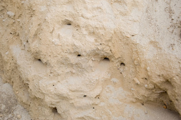 sedimentary layers of the rock in the sand scree. sand, pebbles and shells in sedimentary rocks.