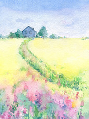Watercolor beautiful village landscape with path to the house. Hand drawn illustration. - 336220263