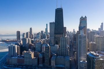 Drone shot of City of Chicago downtown district at winter