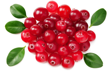 Cranberry with green leaves isolated on white background. top view