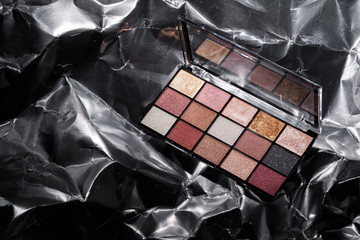 Color professional cosmetic palette on a dark background, close up