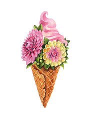 ice cream cone with cream flowers drawn by hand in watercolor, isolated on a white background, illustration of beautiful culinary sweets for printing, delicious almond cookies.