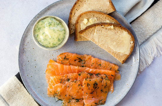 Cured salmon, rye bread and mustard and dill sauce. Scandinavian.