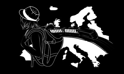 Travel By Train Europe Map Inter Rail Backpacker Student Girl with a Hat travels European Countries Railway Concept Vector White Train and Europe Map on a Black background