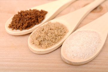 sample of dark brown, brown, and white cane sugar